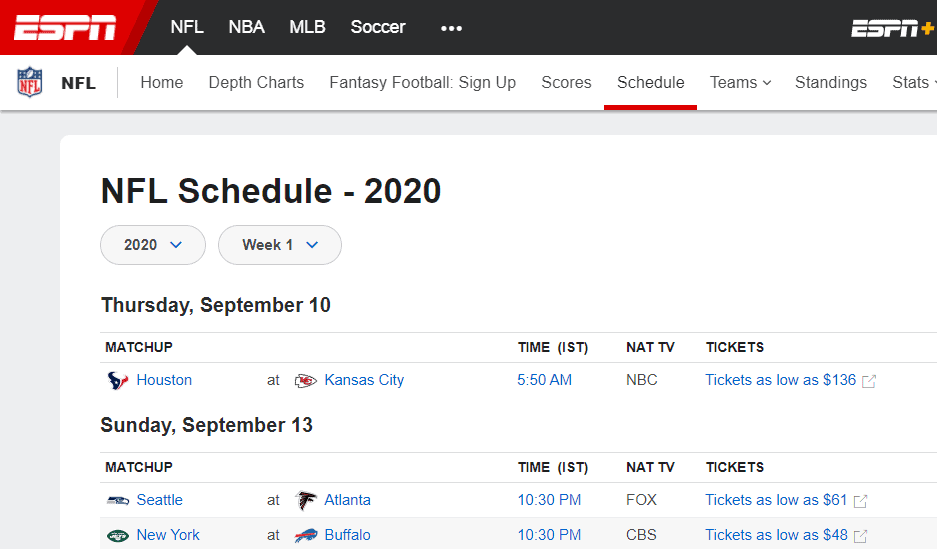 ESPN NFL Streaming Website Page